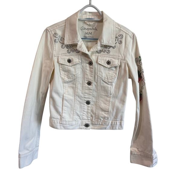 Aeropostale White Denim Jacket Med Rhinestone Strawberry Embellished Y2K Style - Picture 1 of 16
